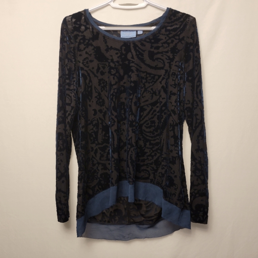 Simply Vera - Black Translucent Top with Forest Green Velvet Overlay  - Size XL